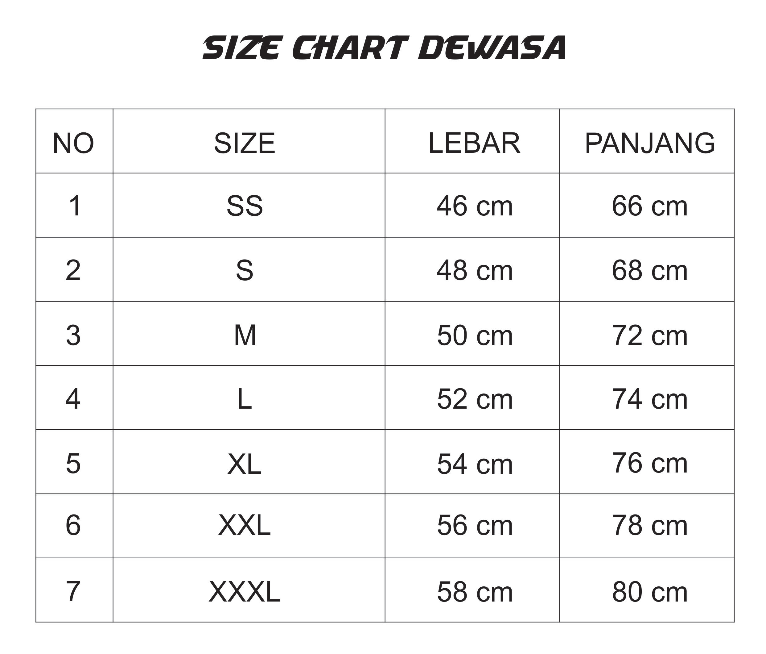 Size Chart Dewasa